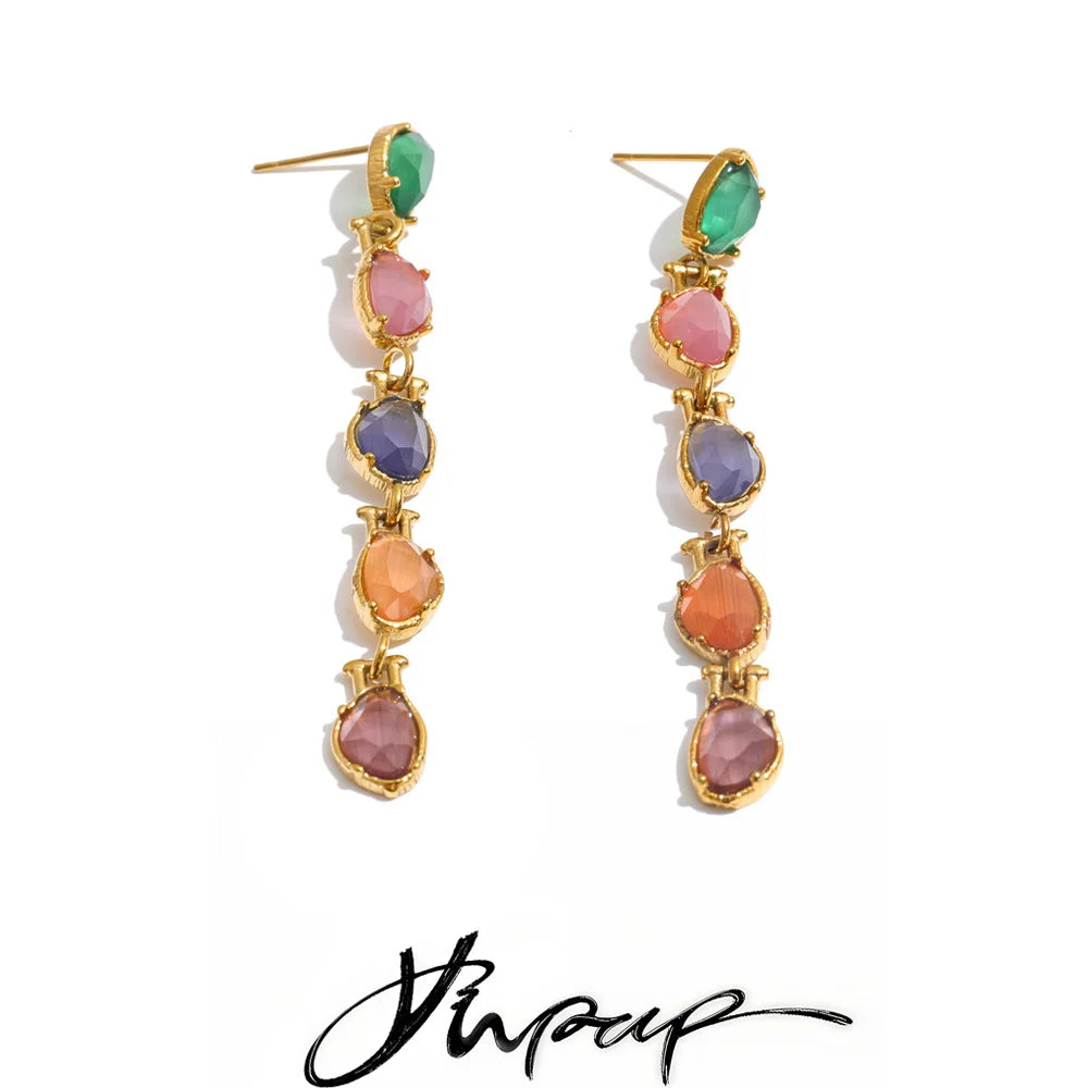Stainless Steel Multicolor Stone Dangle Earrings 18K Gold Color PVD Plated Long Exquisite Charm Jewelry