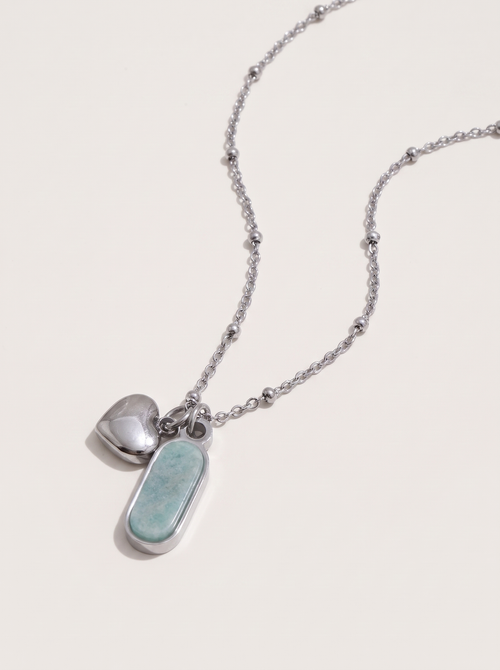 Amazonite Heart Charm Necklace - Silver - product
