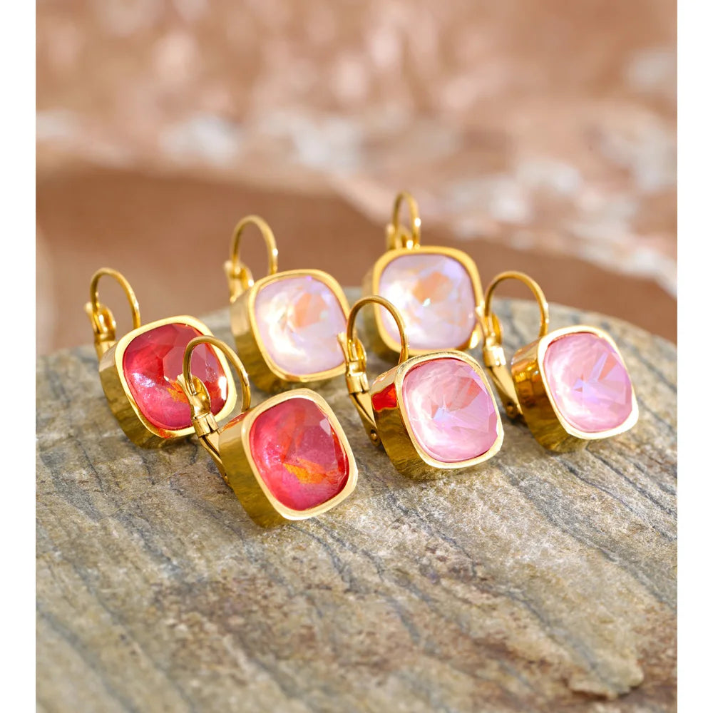 Stainless Steel Multi-Color Square Crystal Hoop Earrings PVD Plated Y2K Candy Fashion Waterproof Jewelry 2026 New Arrivals