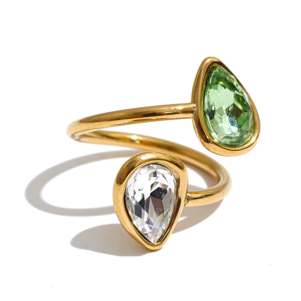 Stainless Steel Adjustable Open Rings Water Drop Cubic Zirconia PVD Plated Trendy Finger Jewelry Accessories