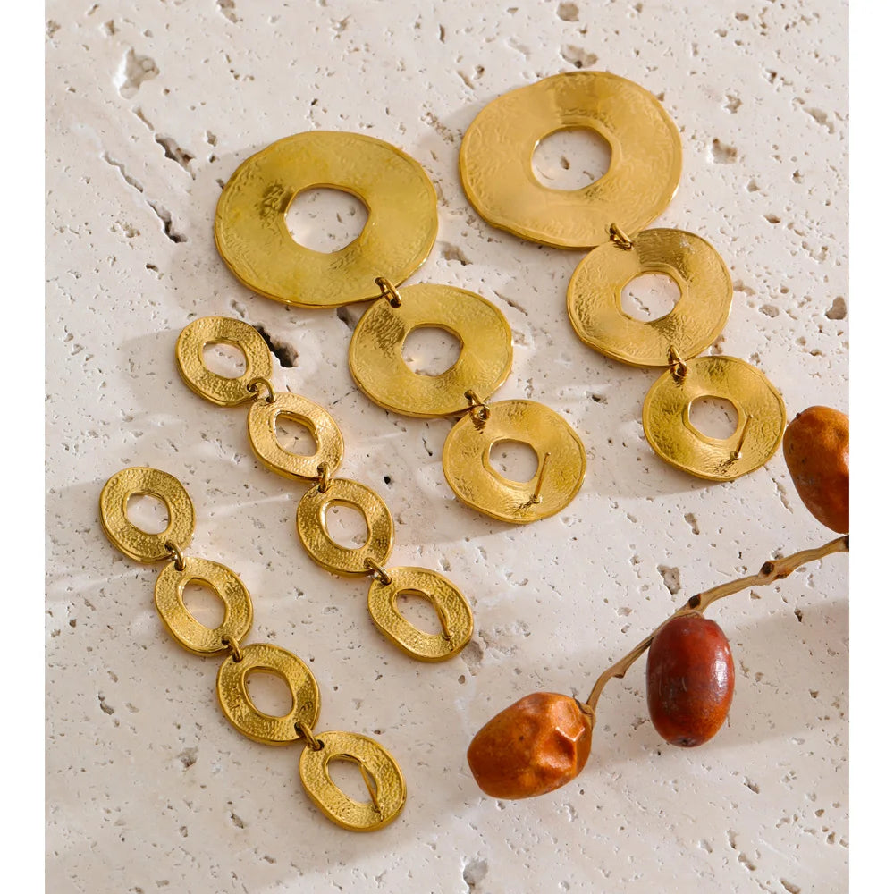 Stainless Steel Metal round Hollow Long Drop Earrings 18K Gold Color PVD Plated Daily Fashion Charm Jewelry Wholesale