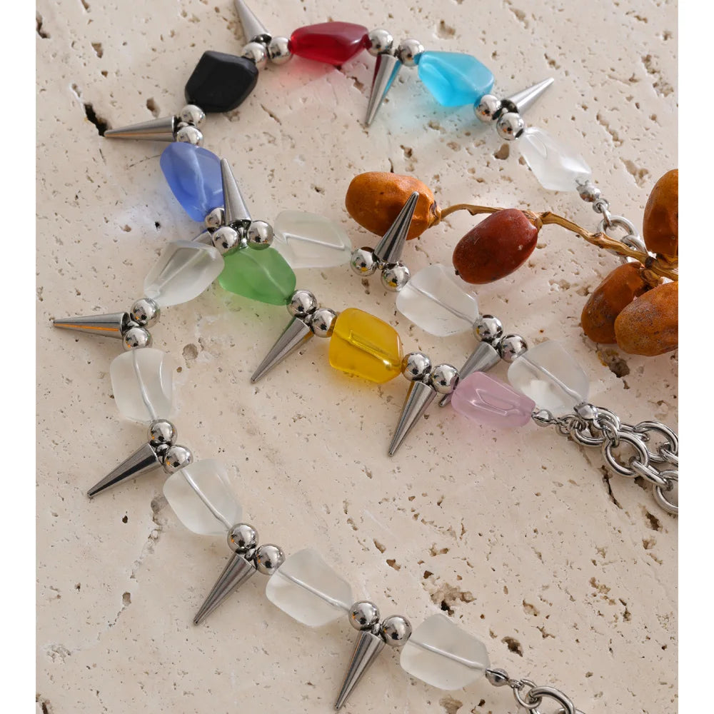 2026 Arrivals Stainless Steel Colorful Acrylic Rivet Drop Necklace Hip-Hop Nightclub Party Wear Unisex Jewelry