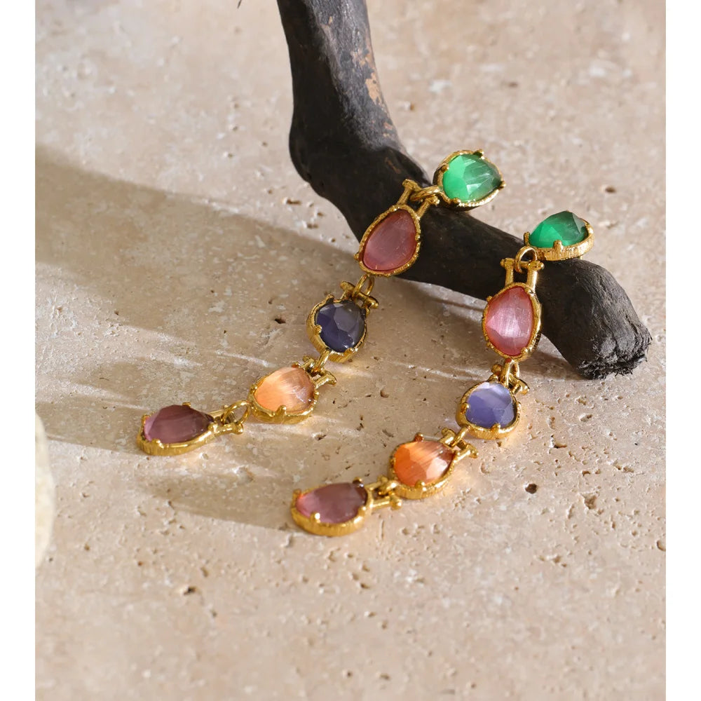 Stainless Steel Multicolor Stone Dangle Earrings 18K Gold Color PVD Plated Long Exquisite Charm Jewelry