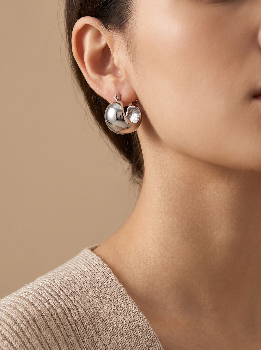 Chunky Dome Hoop Earrings - Platinum - lifestyle