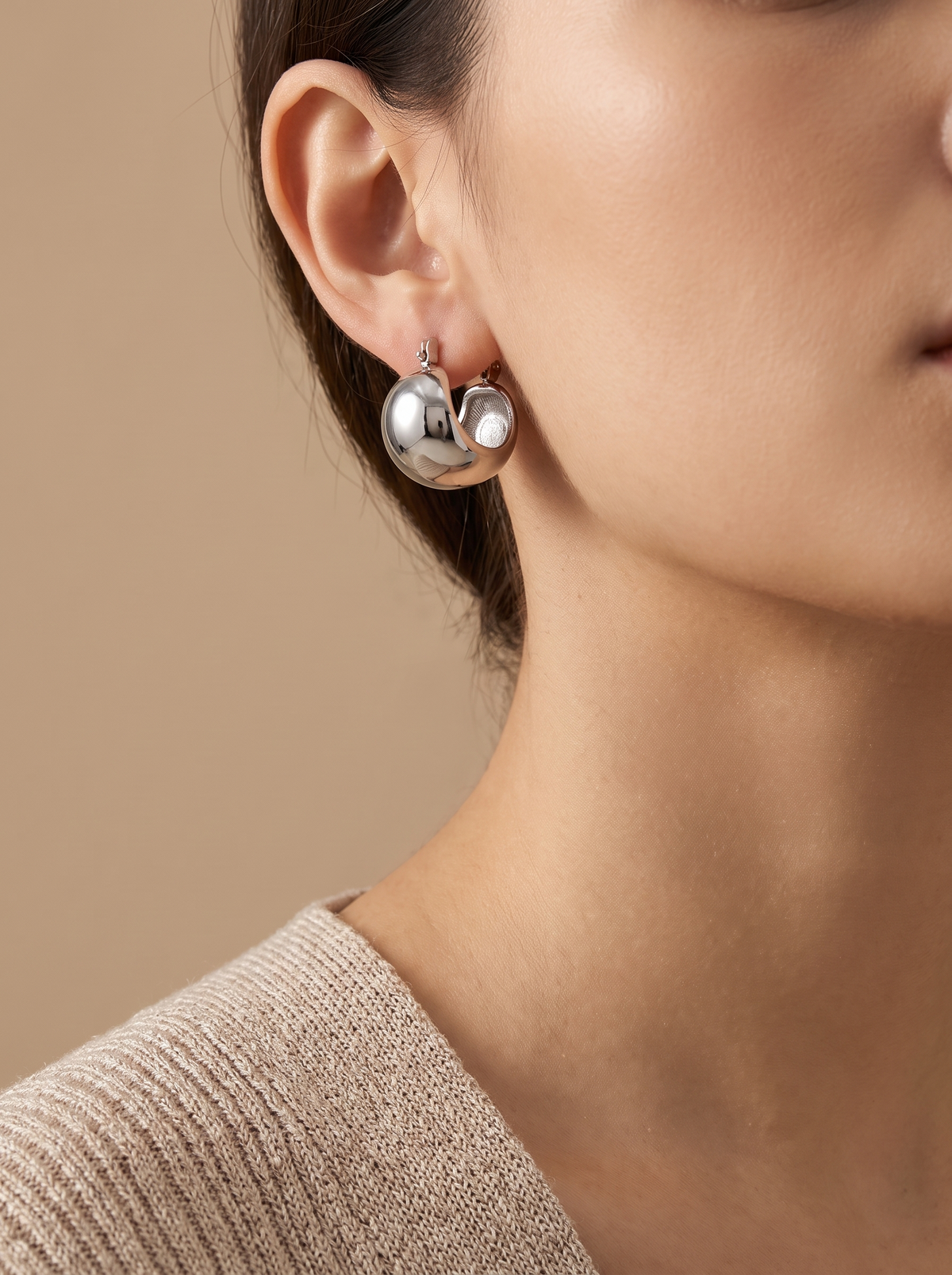 Chunky Dome Hoop Earrings - Platinum - lifestyle