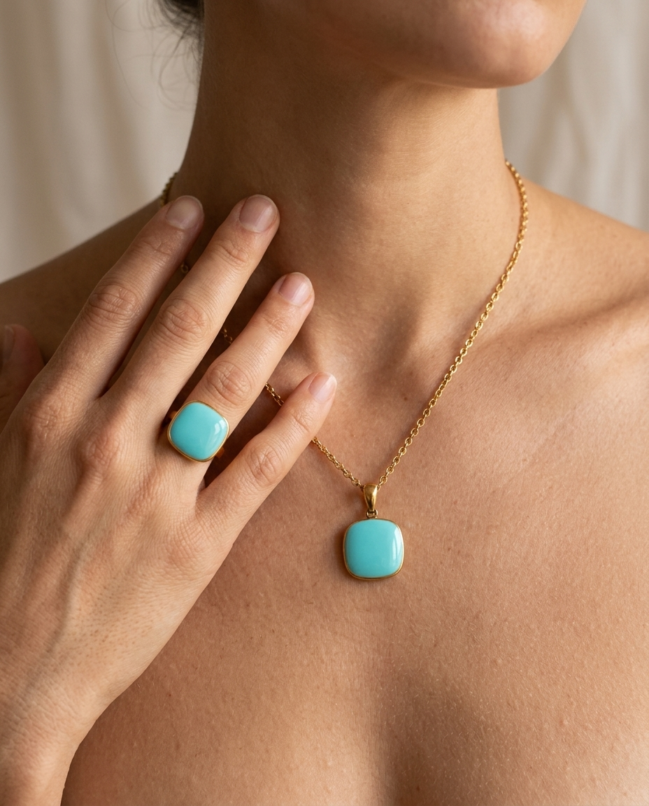 Candy Square Pendant Necklace, Blue finish, worn with the matching ring