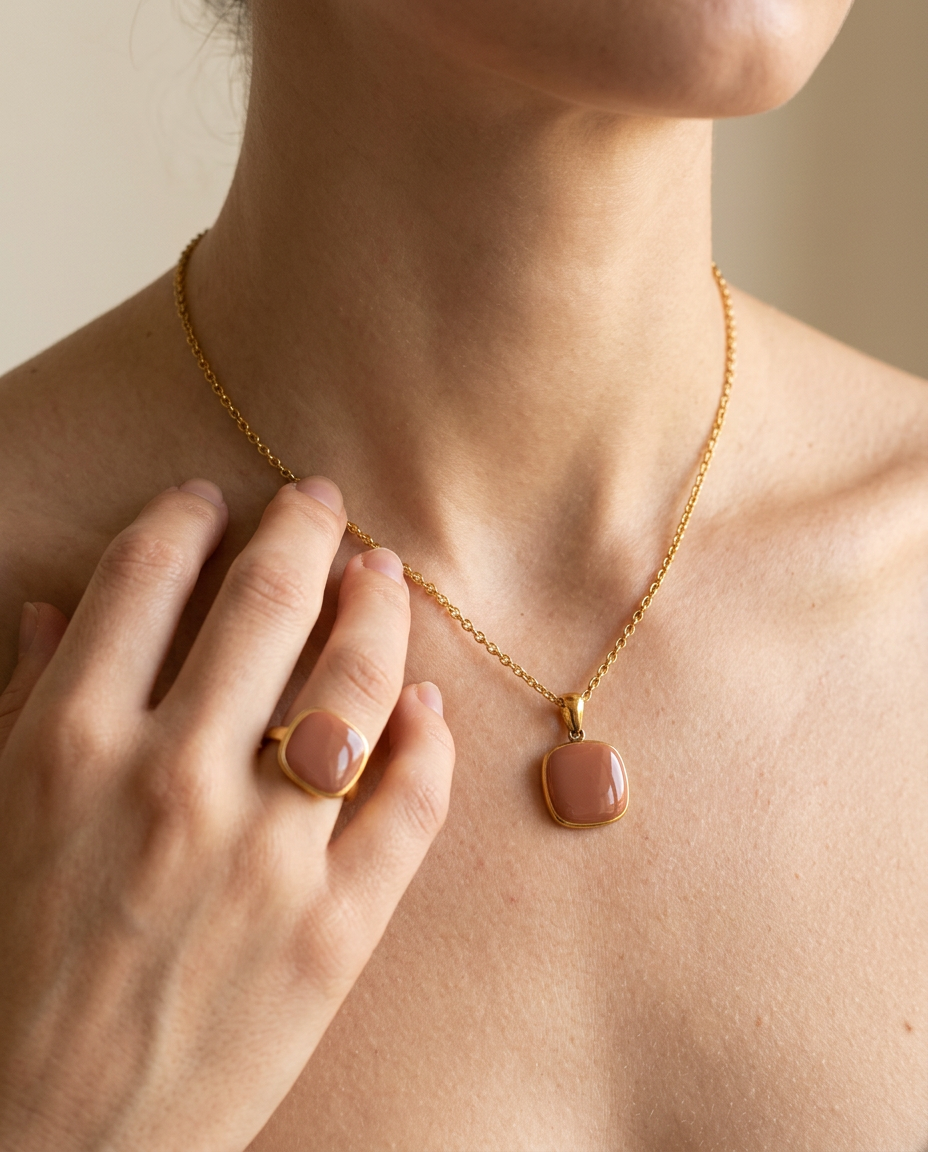 Candy Square Ring, Brown finish, worn with the matching necklace