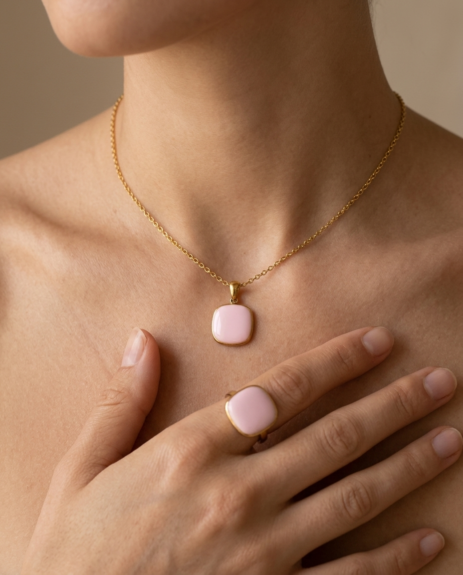 Candy Square Ring, Pink finish, worn with the matching necklace
