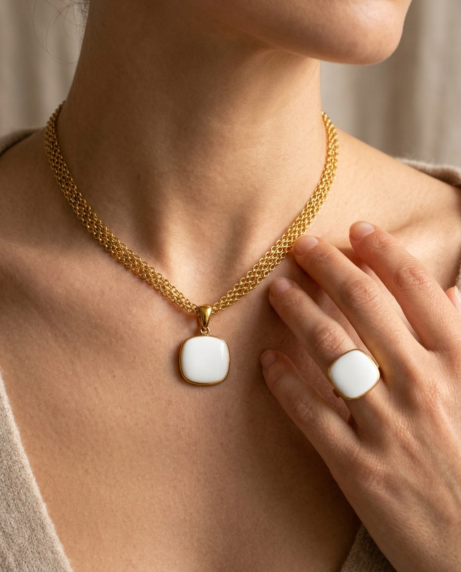 Candy Square Pendant Necklace, White finish, worn with the matching ring