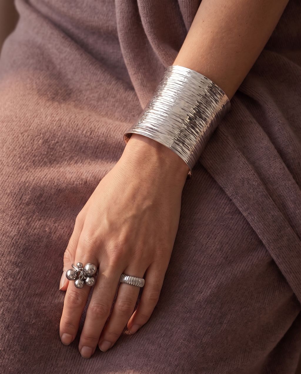 Statement Wide Cuff Bracelet, Silver finish, worn with the Sphere Cluster Ring and Tubogas Open Ring