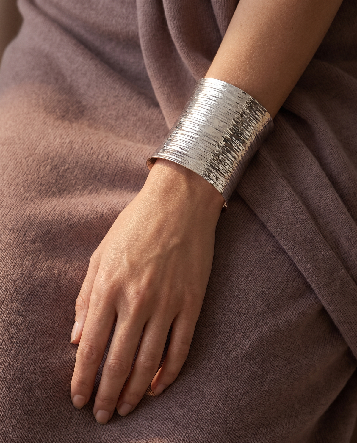 Statement Wide Cuff Bracelet, Silver finish, worn on wrist