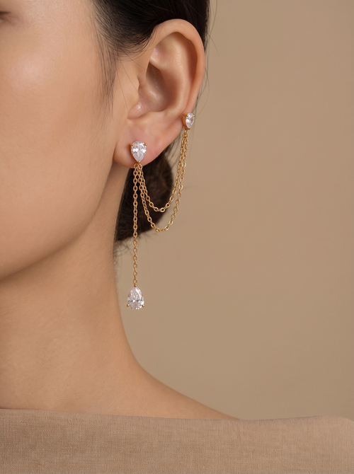 1PC Stainless Steel Cubic Zirconia Chain Drop Earrings