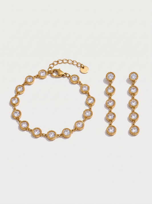 Delicate Stainless Steel Cubic Zirconia Bracelet & Earrings Set (2-Piece Set)