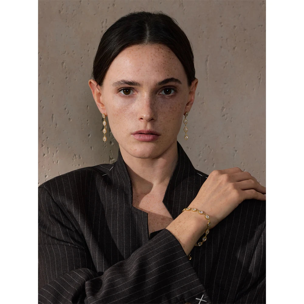 Delicate Stainless Steel Shiny Cubic Zirconia round Chain Bracelet Bangle Earrings High Quality Temperament Jewelry Gift
