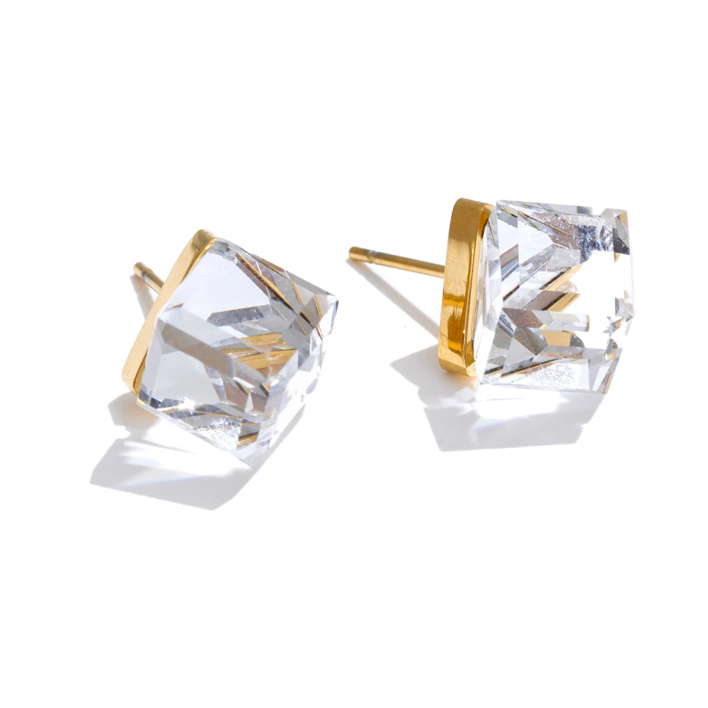 Multi-Color Shiny K9 Crystal Square Stud Earrings High Quality Stainless Steel Gold Color Popular Daily Jewelry