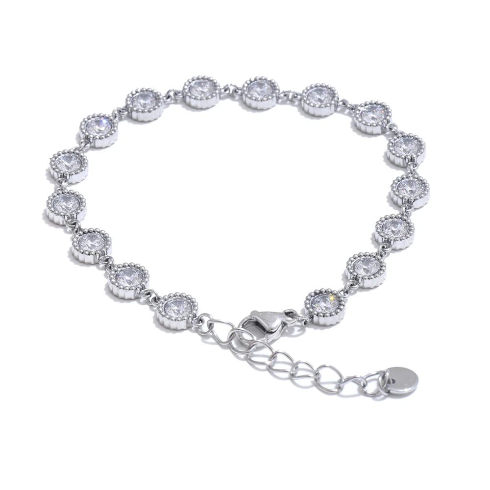 Delicate Stainless Steel Shiny Cubic Zirconia round Chain Bracelet Bangle Earrings High Quality Temperament Jewelry Gift
