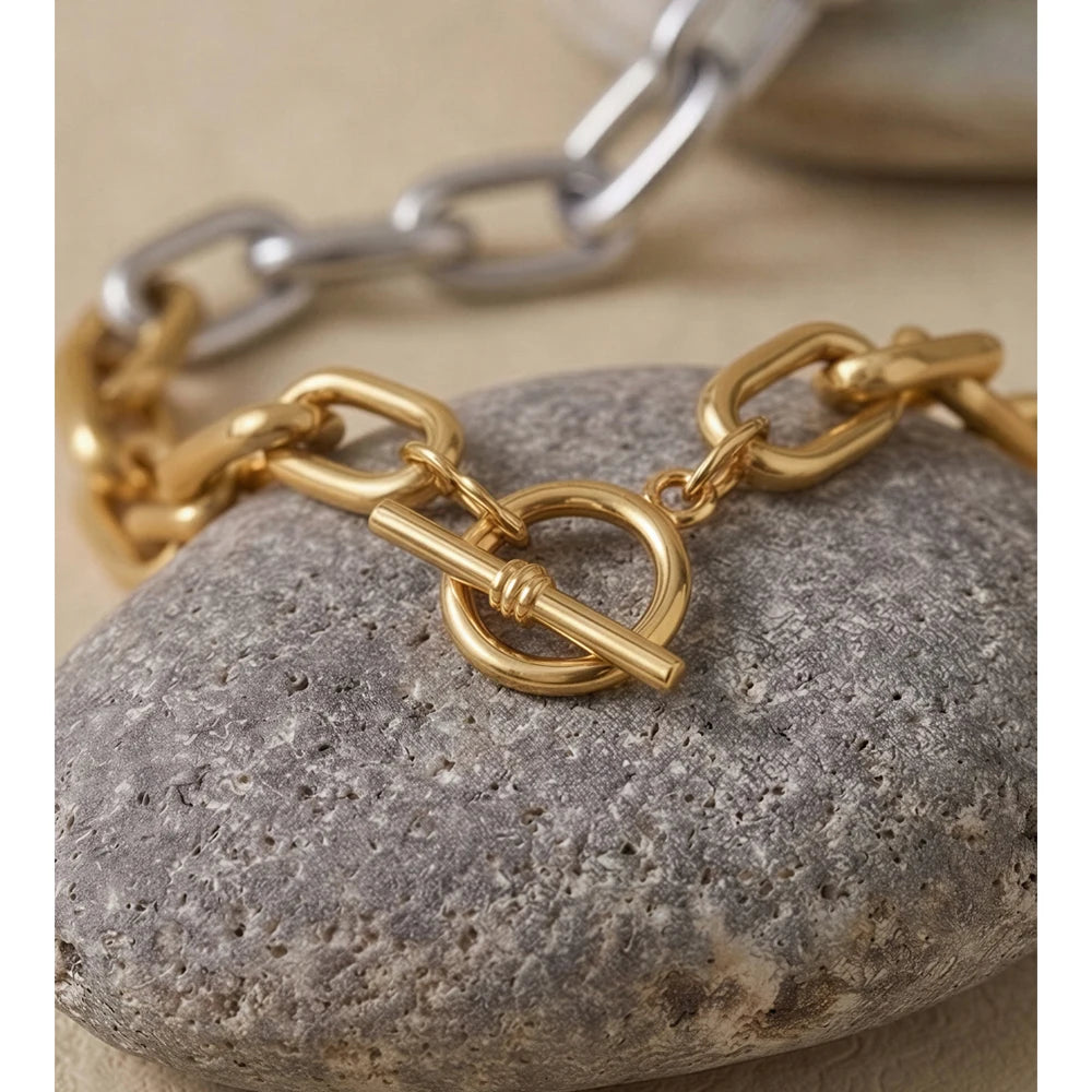 Stainless Steel Chain Bracelet Bangle Tarnish Resistant Metal Texture Toggle-Clasps Individualistic Wrist Jewelry
