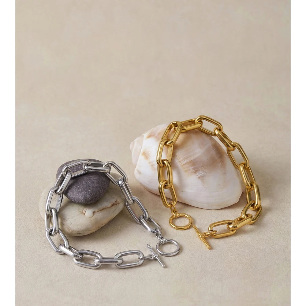 Stainless Steel Chain Bracelet Bangle Tarnish Resistant Metal Texture Toggle-Clasps Individualistic Wrist Jewelry