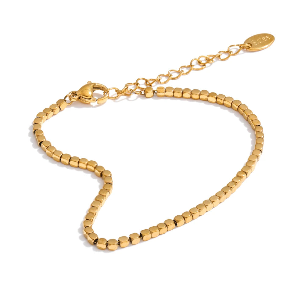 Stainless Steel Polished Square Beads Chain Bracelet Bangle for Women Trendy Handmade Fashion Wrist Jewelry Accessories
