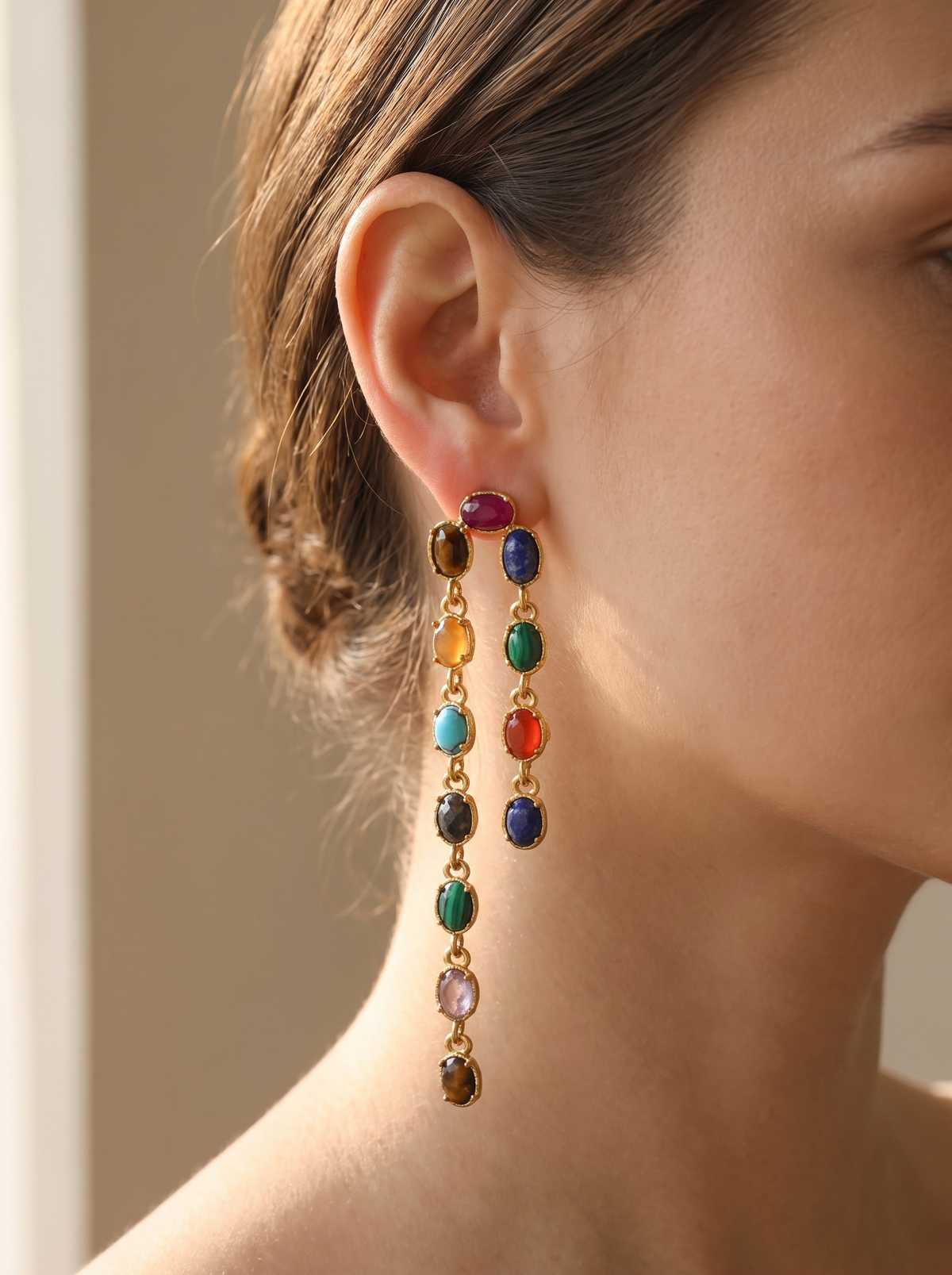 Gemstone Chain Drop Earrings - Gold - lifestyle 1