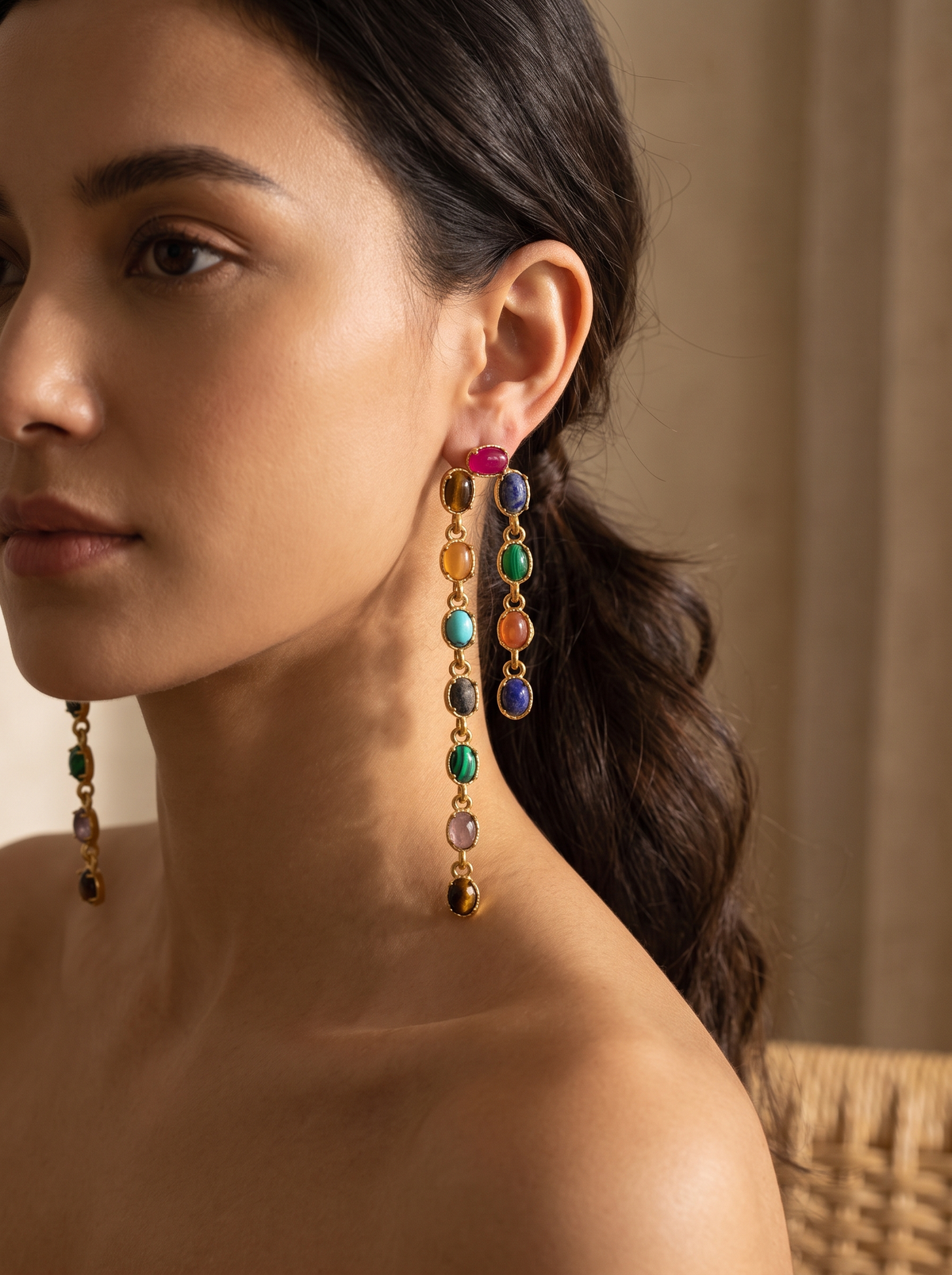 Gemstone Chain Drop Earrings - Gold - lifestyle 2