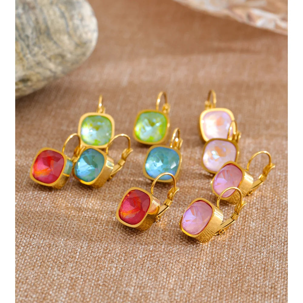 Stainless Steel Multi-Color Square Crystal Hoop Earrings PVD Plated Y2K Candy Fashion Waterproof Jewelry 2026 New Arrivals
