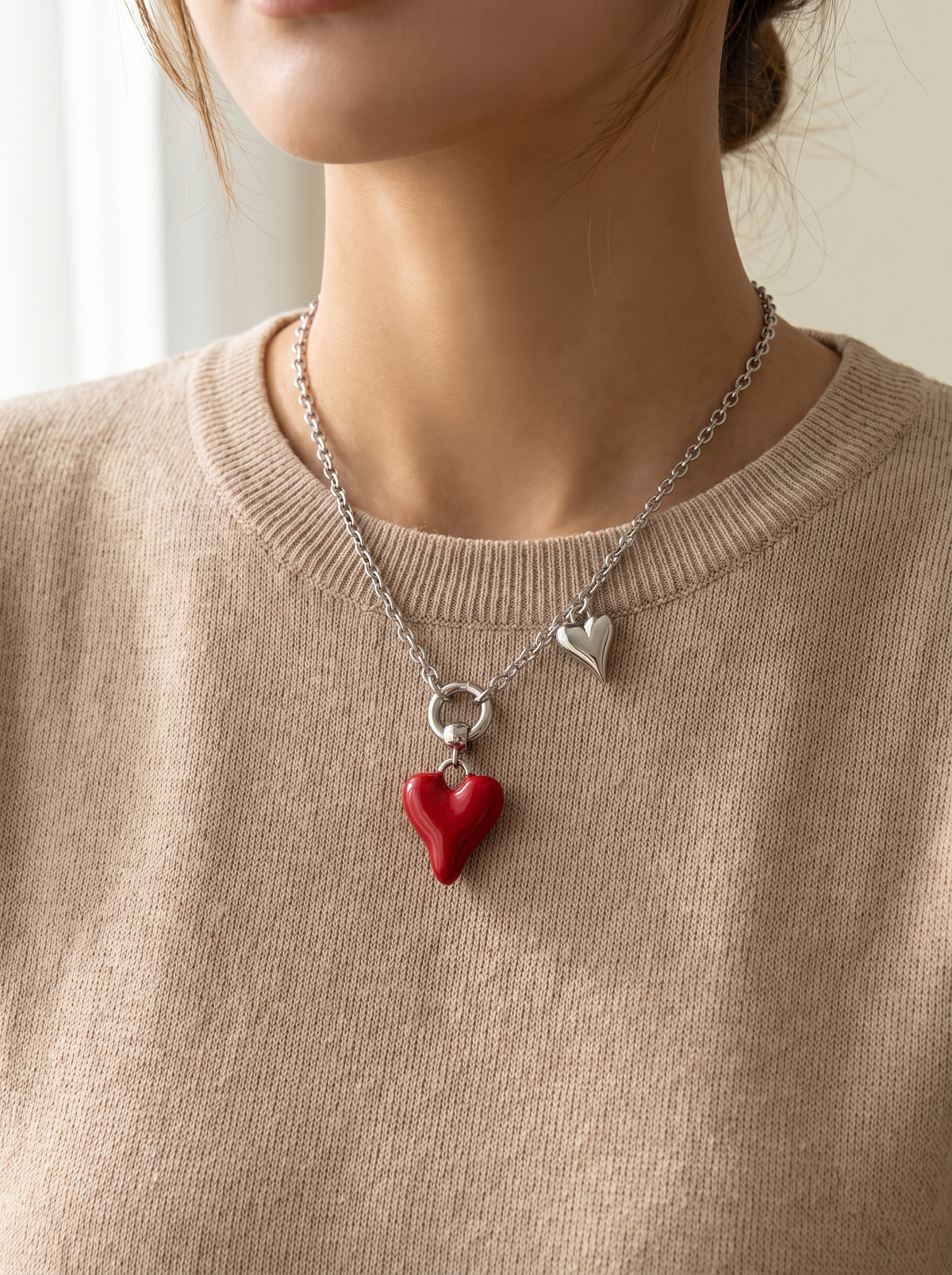 Double Heart Enamel Necklace - Silver - lifestyle