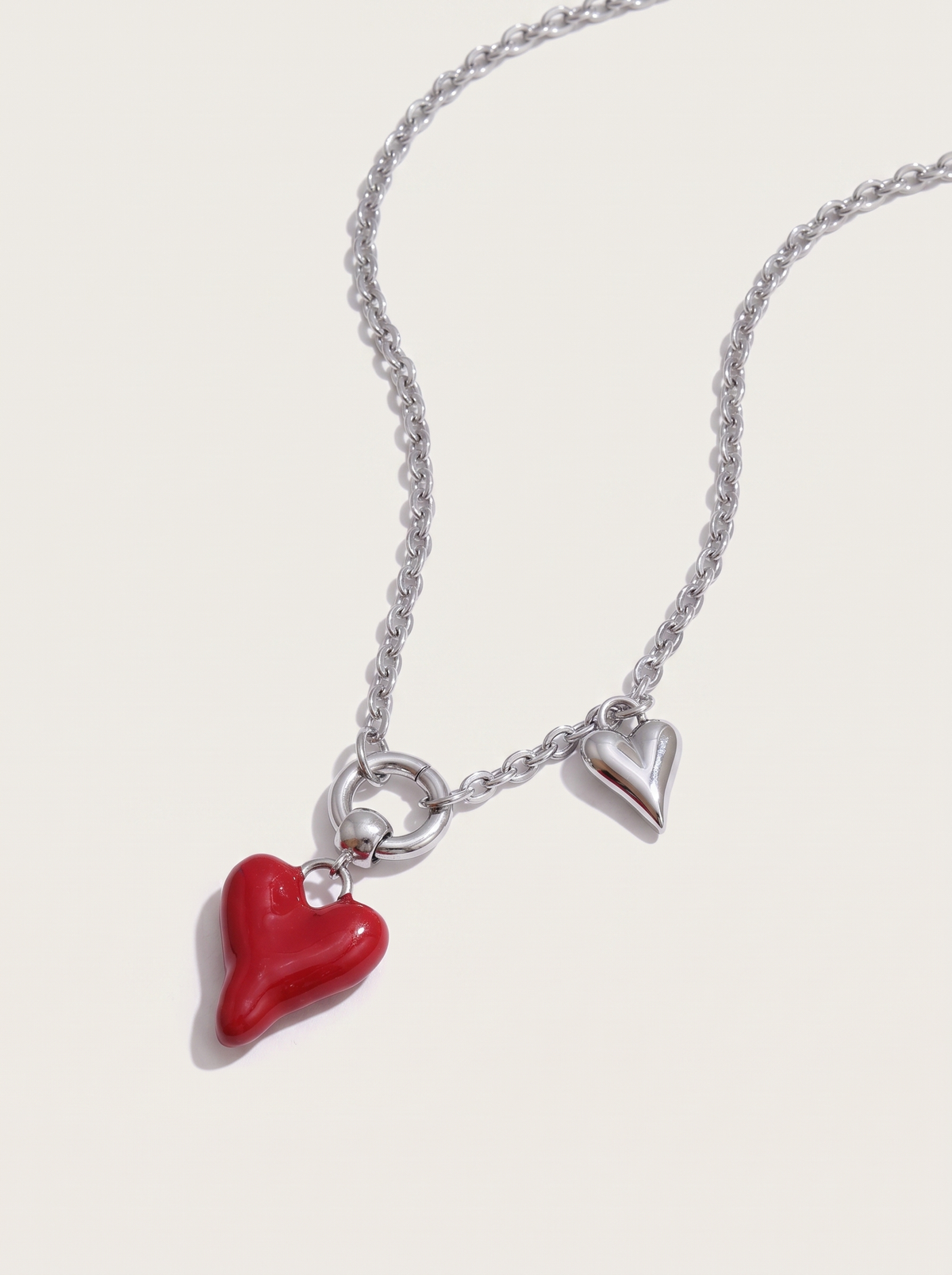 Double Heart Enamel Necklace - Silver - product