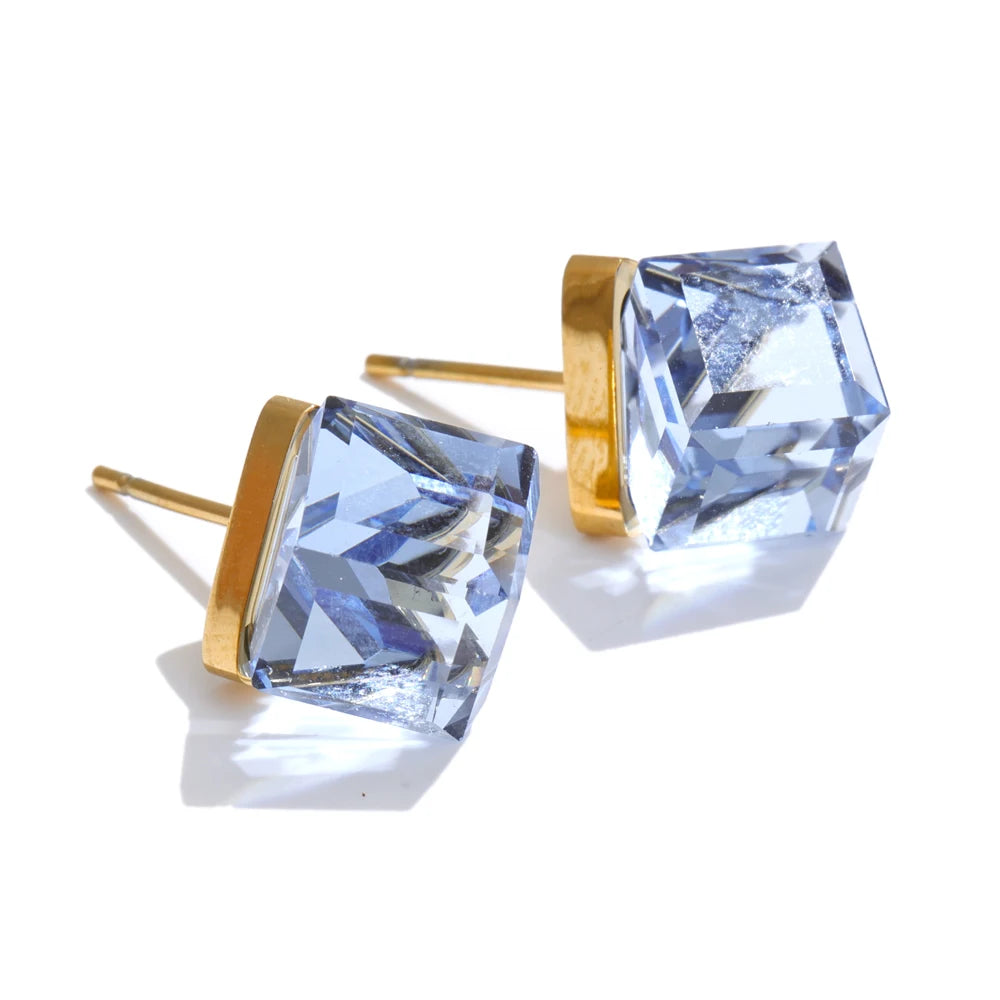 Multi-Color Shiny K9 Crystal Square Stud Earrings High Quality Stainless Steel Gold Color Popular Daily Jewelry