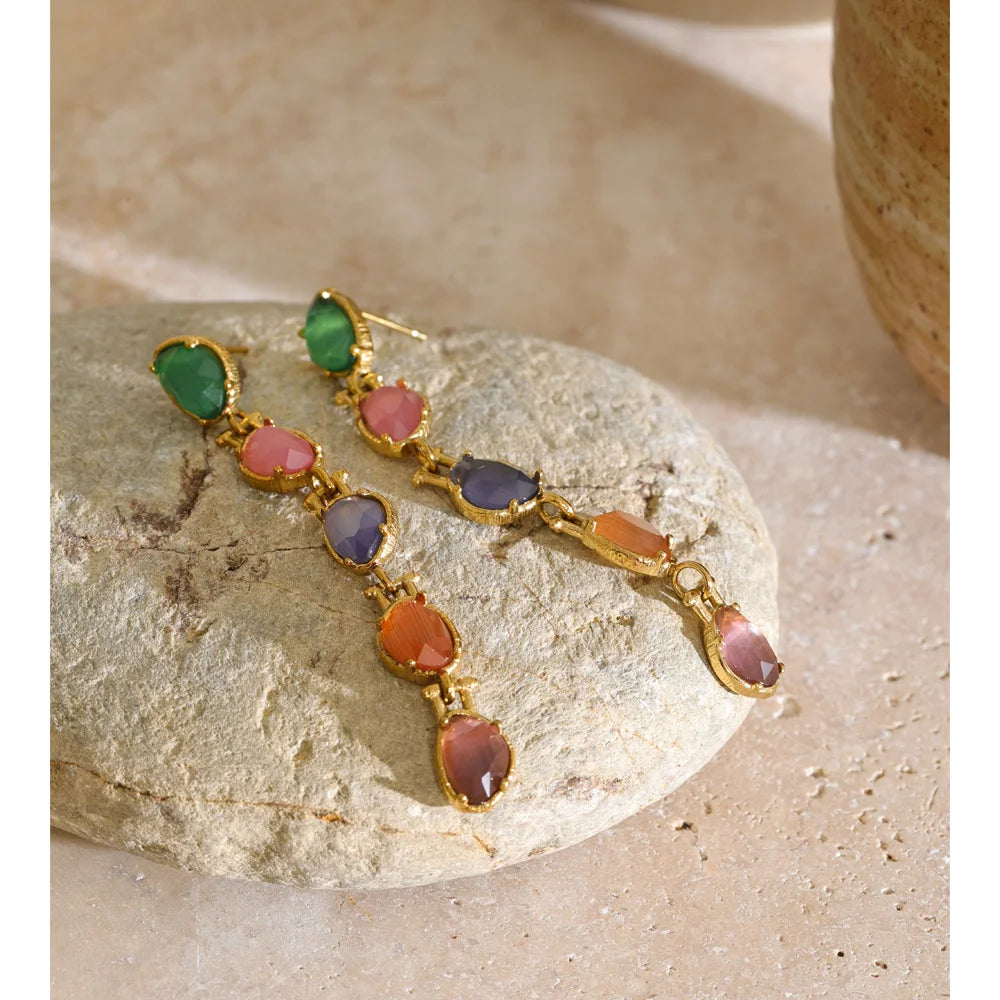 Stainless Steel Multicolor Stone Dangle Earrings 18K Gold Color PVD Plated Long Exquisite Charm Jewelry