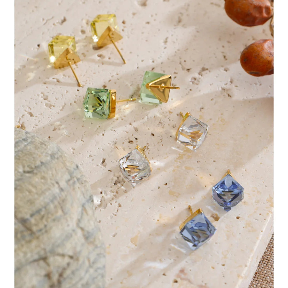 Multi-Color Shiny K9 Crystal Square Stud Earrings High Quality Stainless Steel Gold Color Popular Daily Jewelry