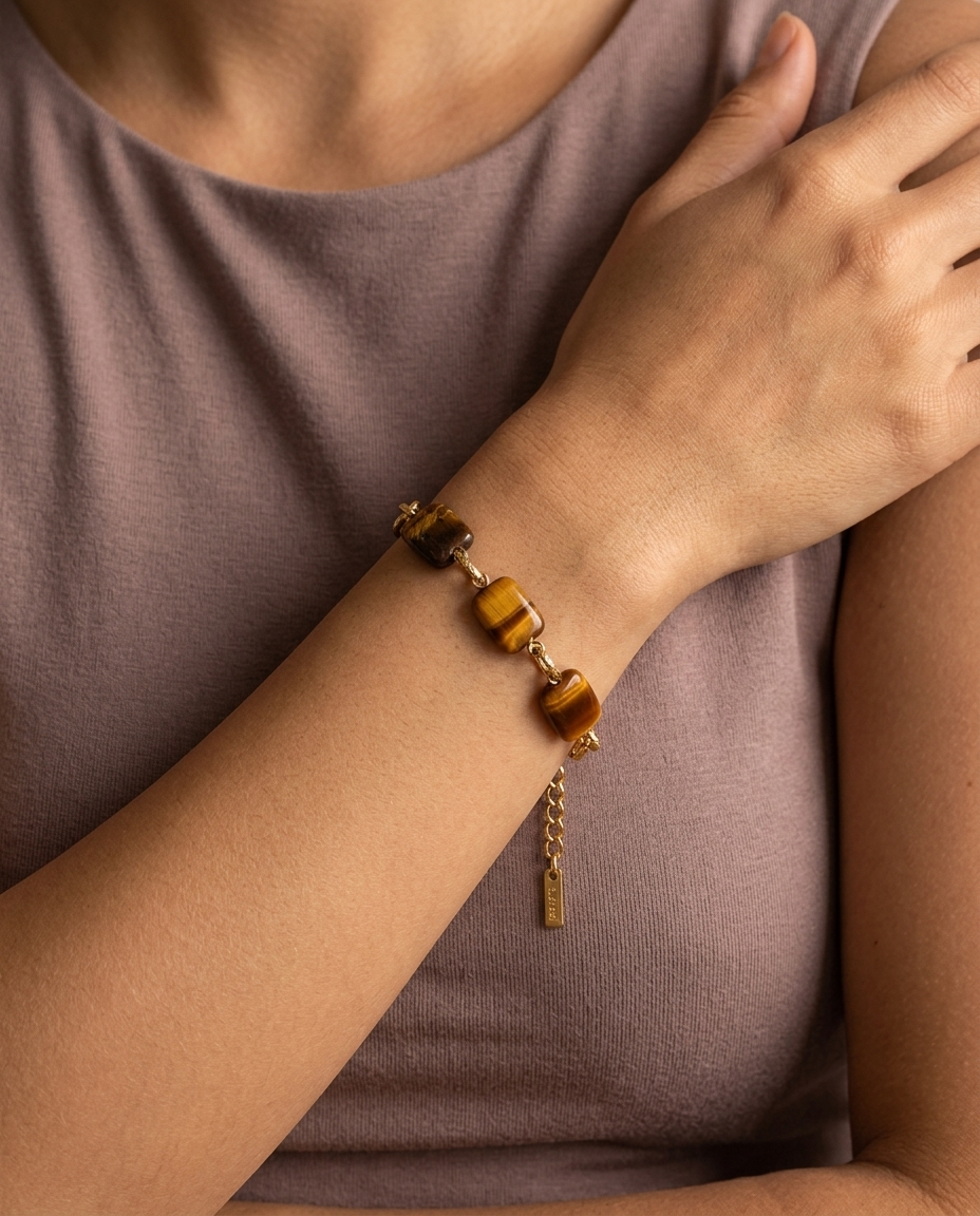 Tigers Eye Square Bead Bracelet, Gold finish, worn on wrist