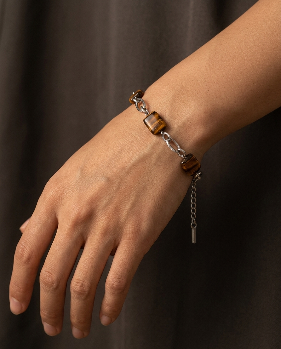 Tigers Eye Square Bead Bracelet, Silver finish, worn on wrist