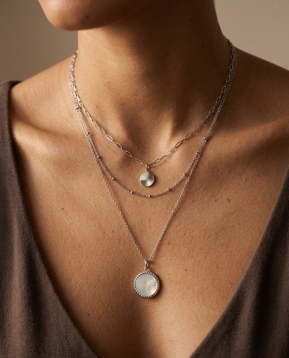 Layered Coin Pendant Necklace, Silver finish, worn at the neck and collarbone