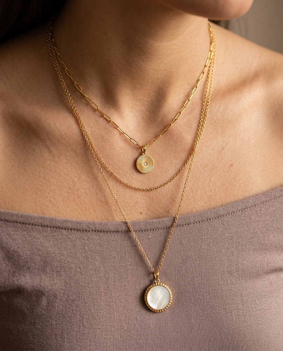 Layered Coin Pendant Necklace, Gold finish, worn at the neck and collarbone