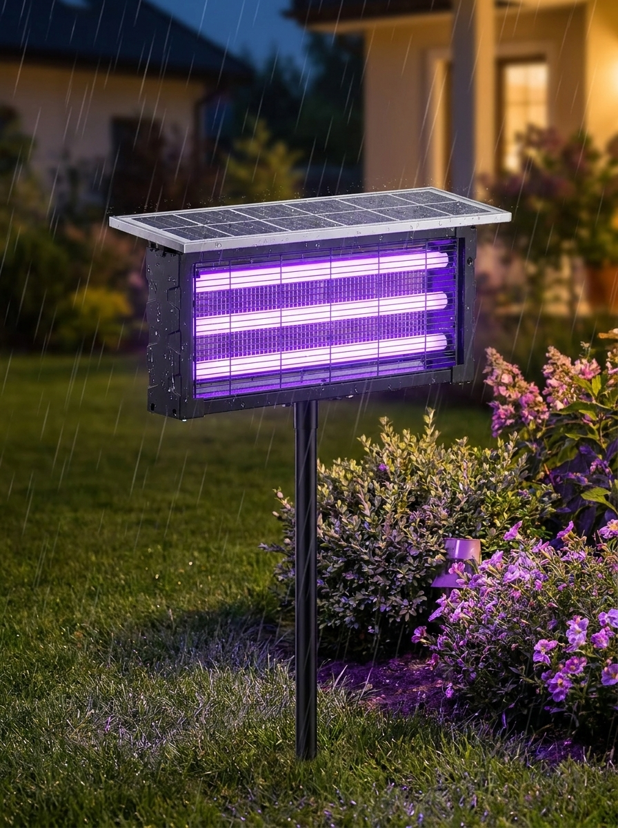 Solar Mosquito Killer Lamp glowing purple in a rainy backyard garden at night