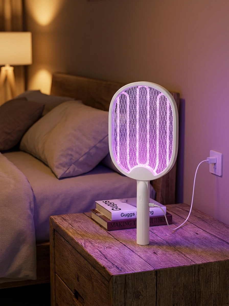 Electric Mosquito Racket glowing purple on a bedside table at night