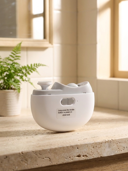 Perlehaus Electric Nail Trimmer resting on a natural bathroom vanity counter