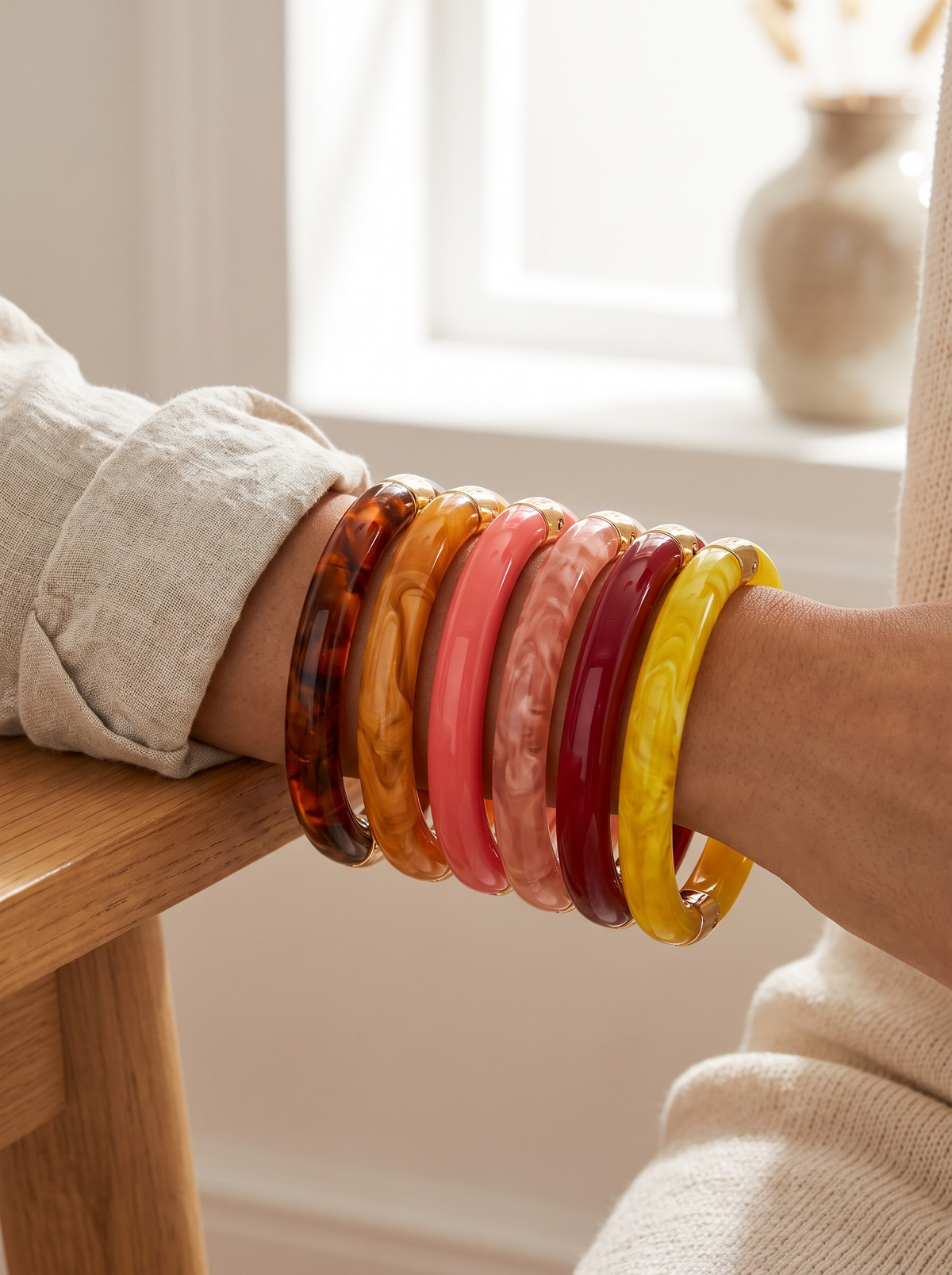Chunky Marbled Bangle Bracelet - lifestyle stack (sunset warm tones)