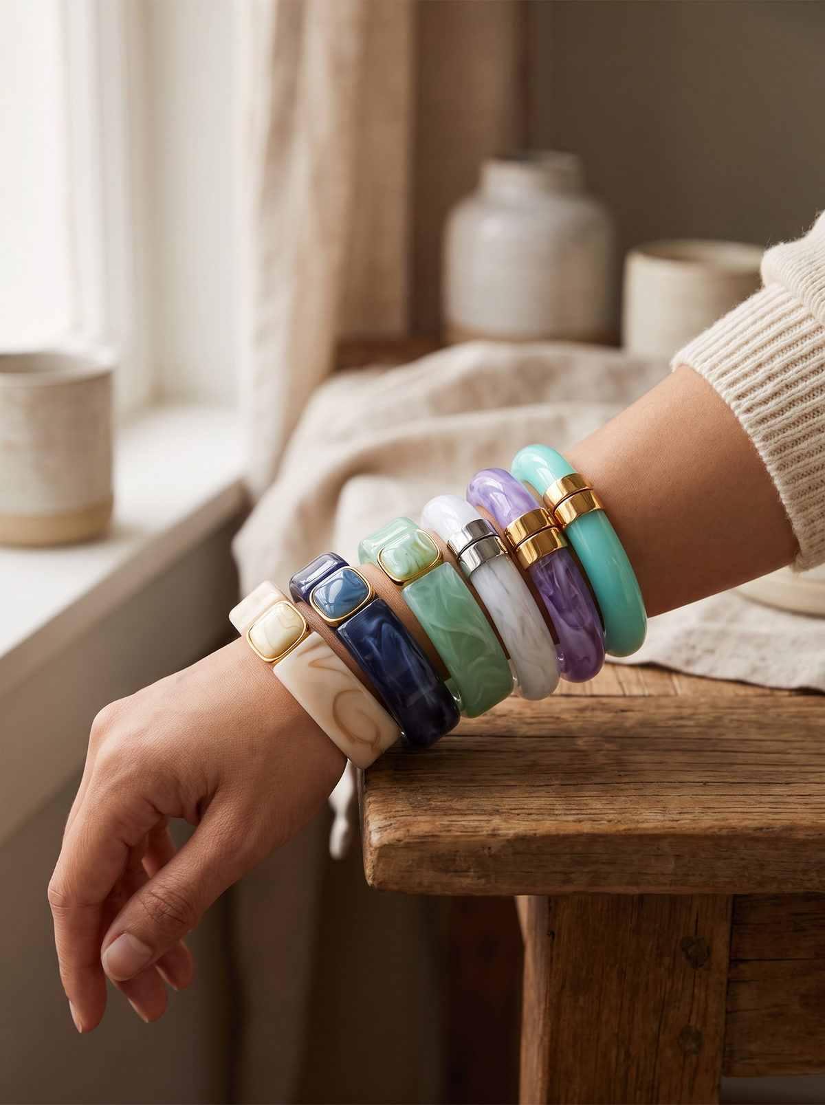 Chunky Marbled Bangle Bracelet - lifestyle stack (cool & neutral tones)
