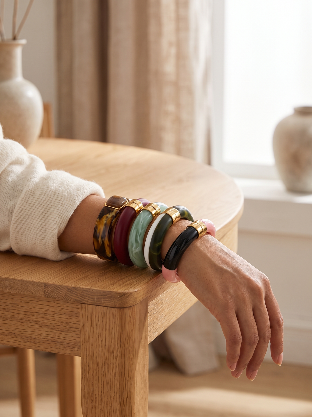 Chunky Marbled Bangle Bracelet - lifestyle stack (earth & statement tones)