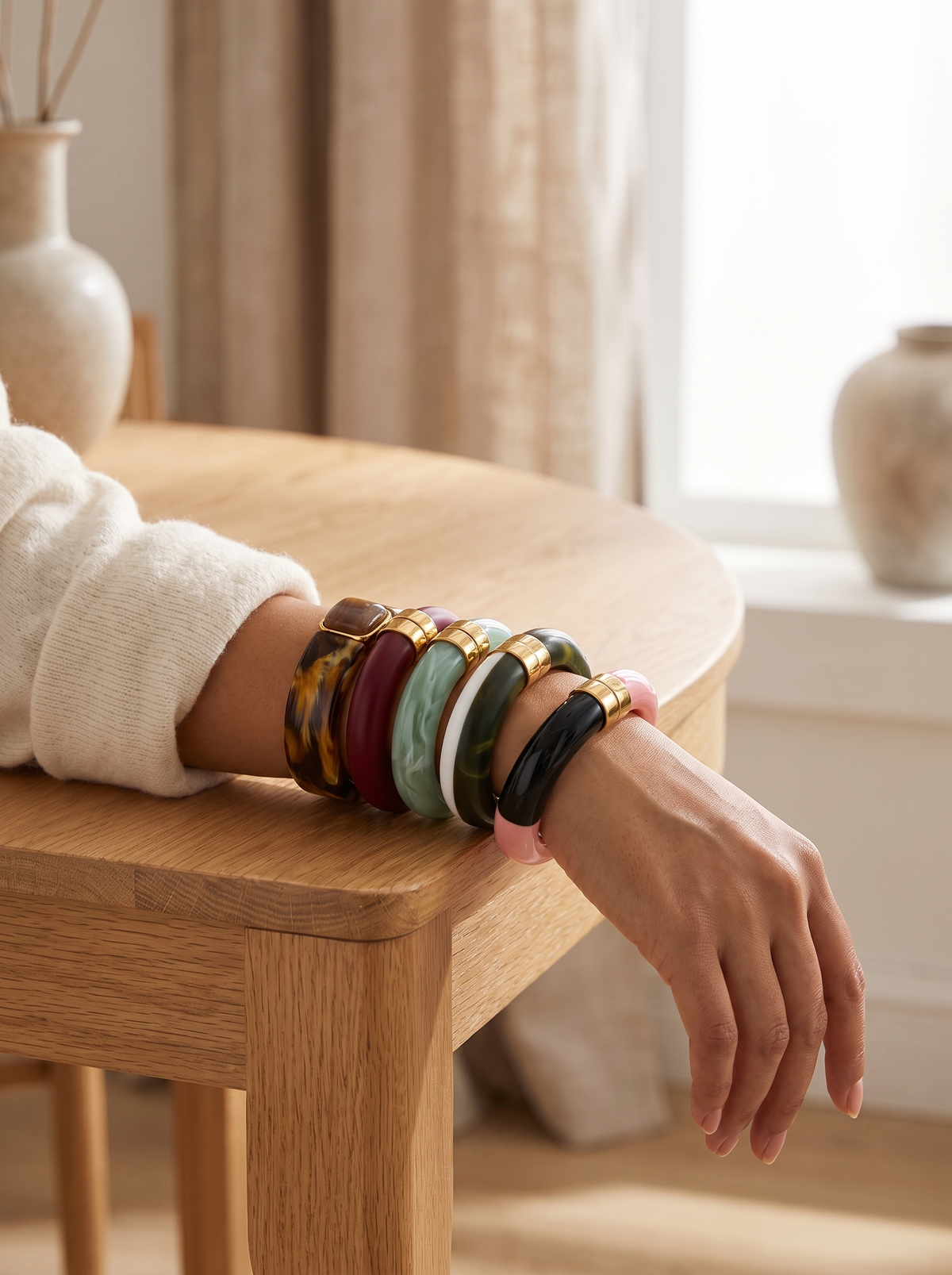 Chunky Marbled Bangle Bracelet - lifestyle stack (earth & statement tones)
