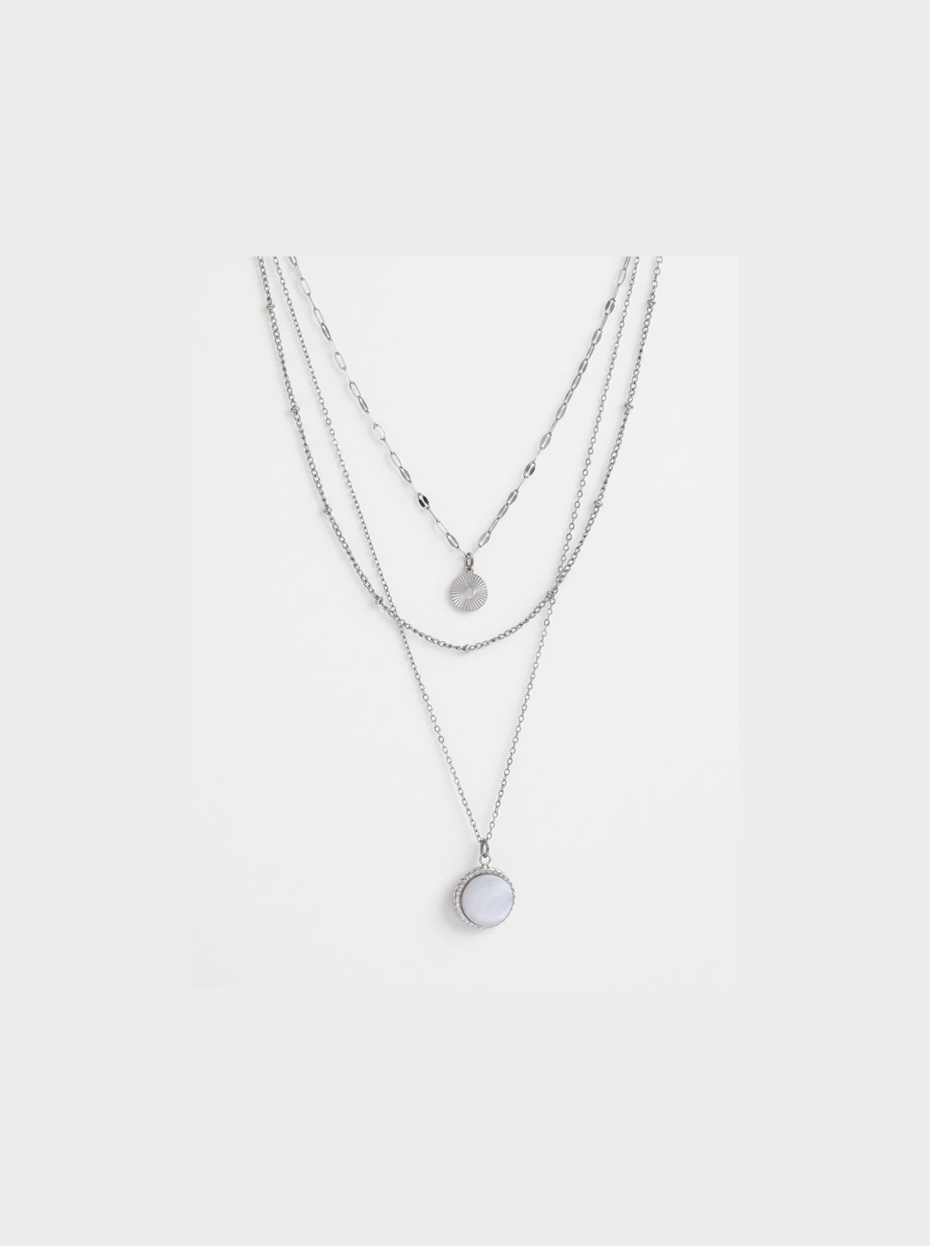 Layered Coin Pendant Necklace, Silver finish, studio product shot