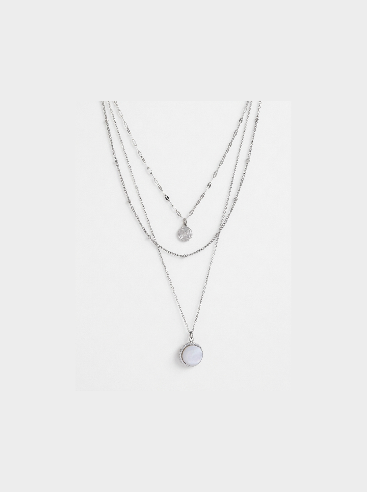Layered Coin Pendant Necklace, Silver finish, studio product shot
