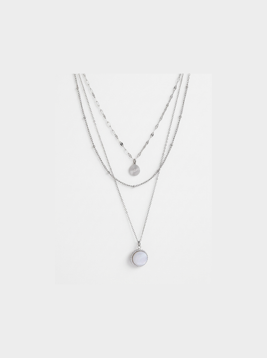 Layered Coin Pendant Necklace, Silver finish, studio product shot