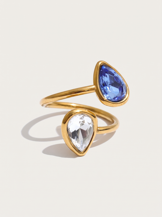Stainless Steel Adjustable Open Rings Water Drop Cubic Zirconia