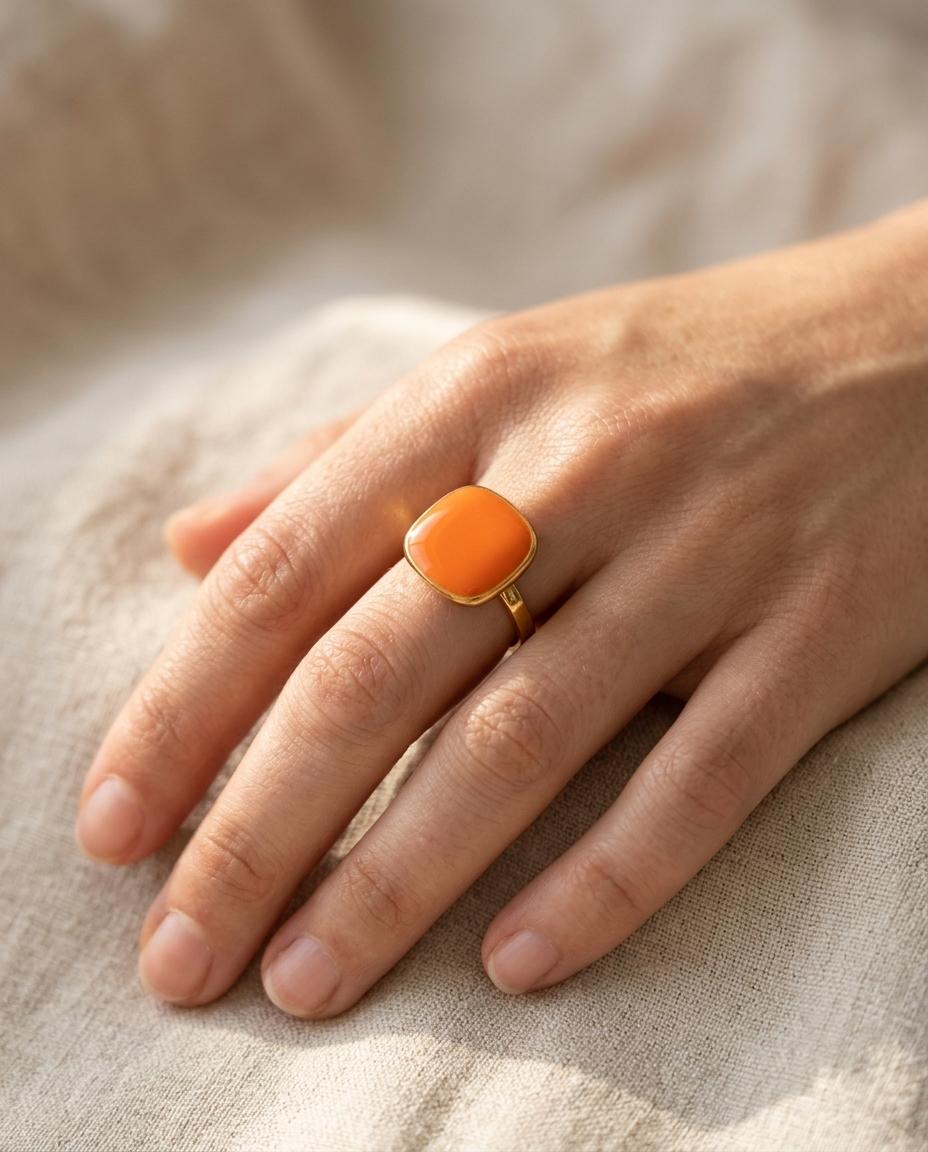 Candy Square Ring, Orange finish, worn on a single hand