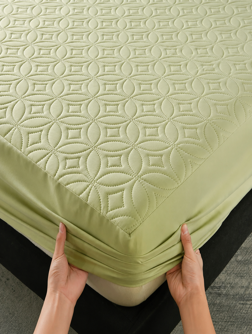 Perlehaus Quilted Waterproof Mattress Protector - Sage Green - corner construction detail