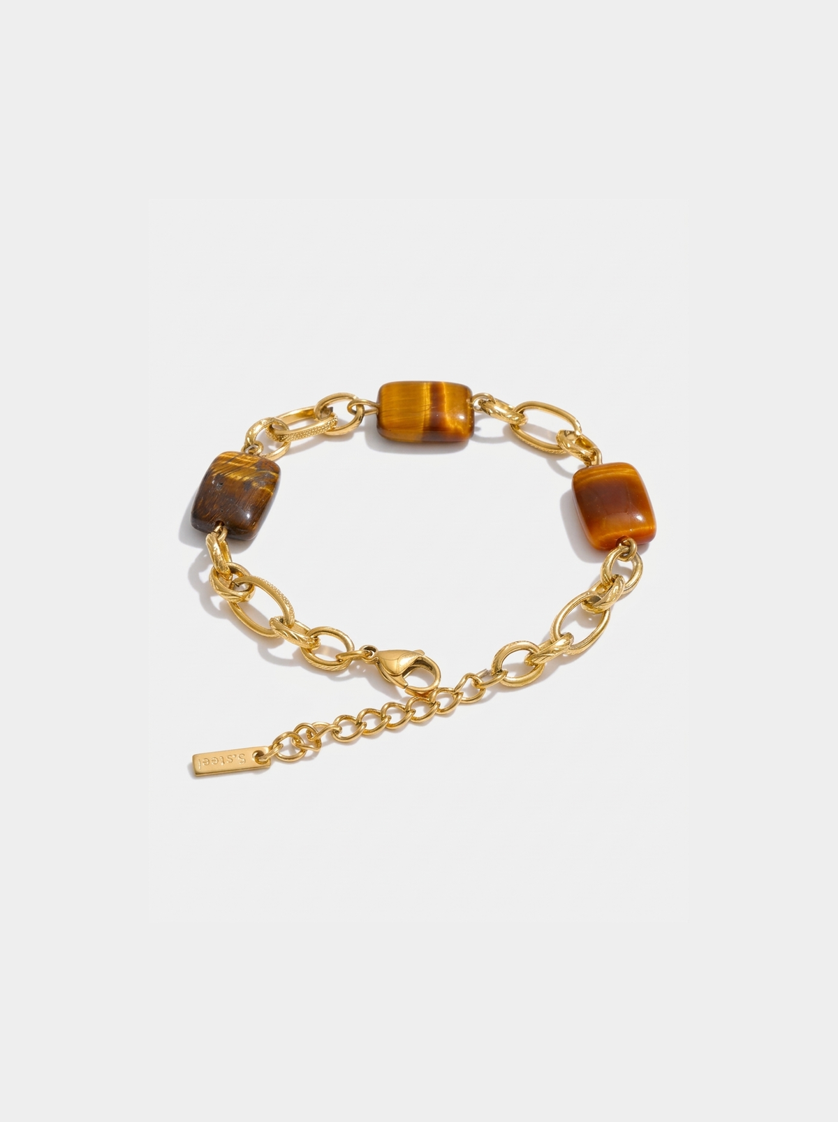 Tigers Eye Square Bead Bracelet, Gold finish, studio product shot