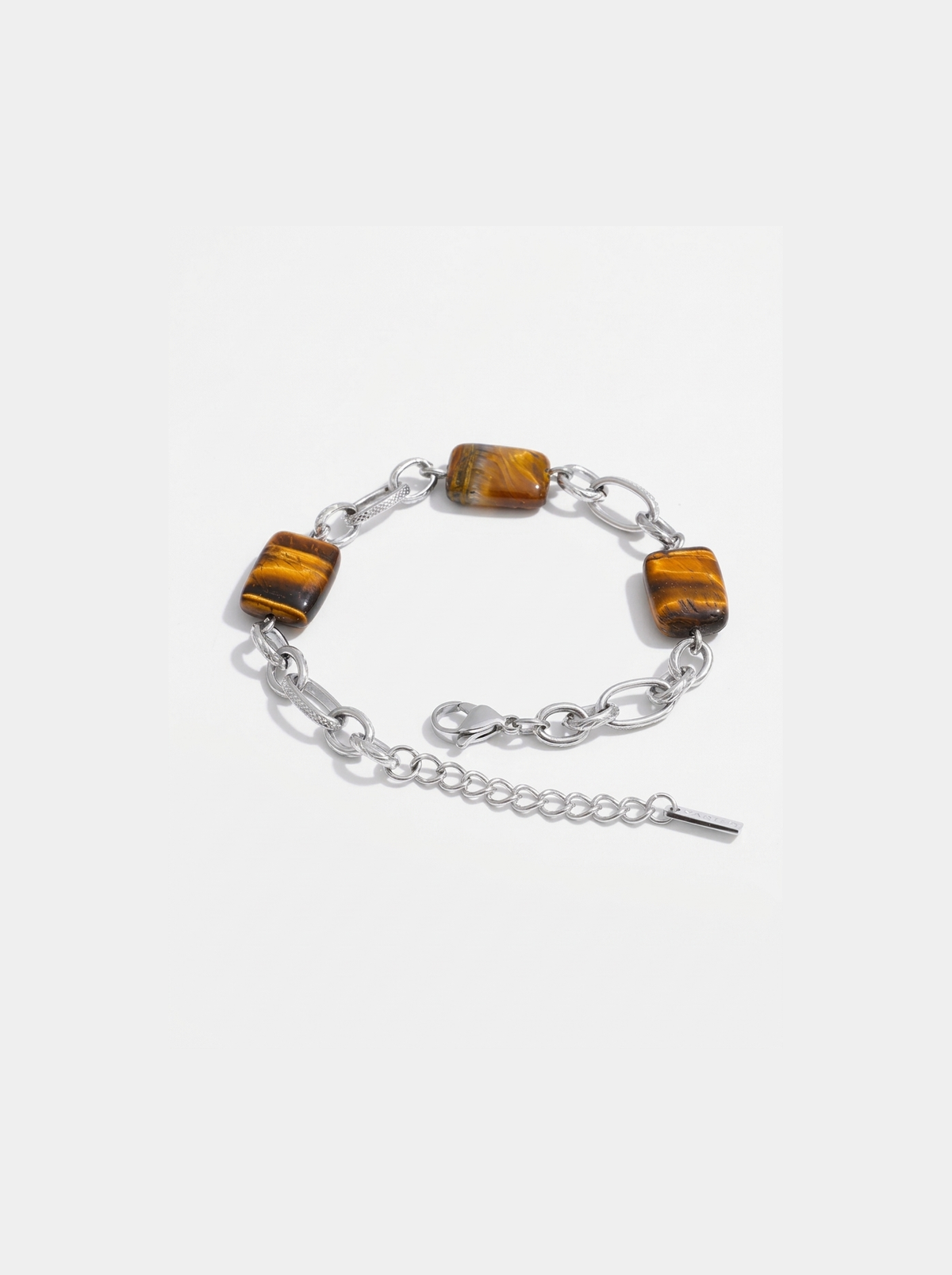 Tigers Eye Square Bead Bracelet, Silver finish, studio product shot